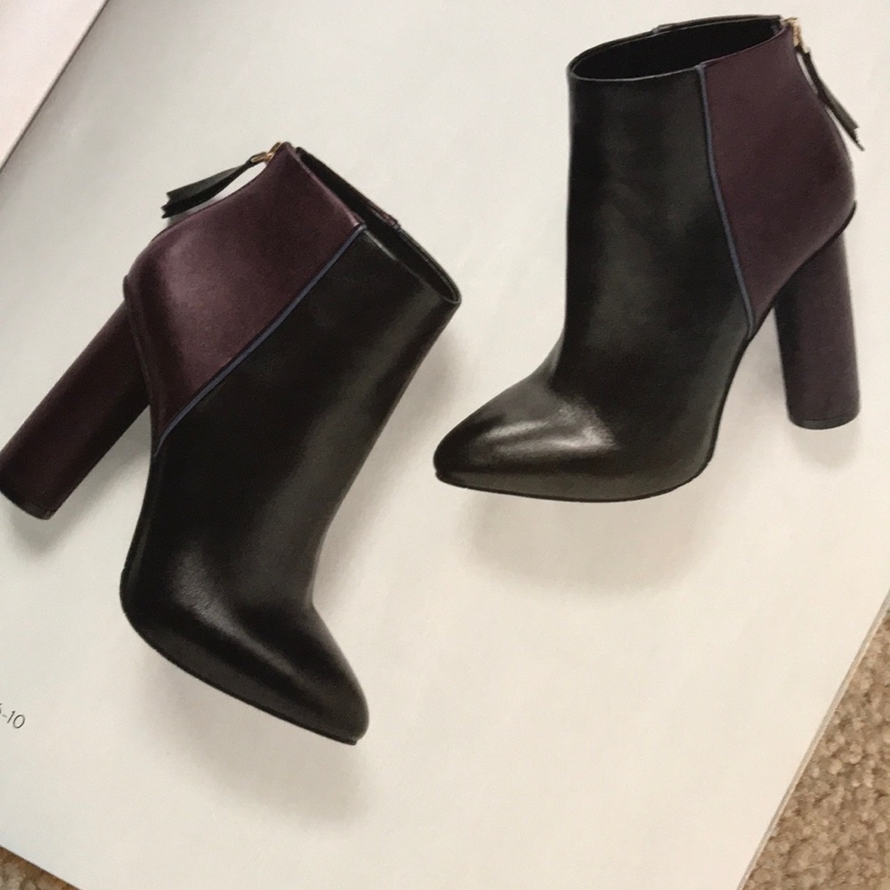 Cabi Burgundy & Black Sculptural Heel Ankle Bootie